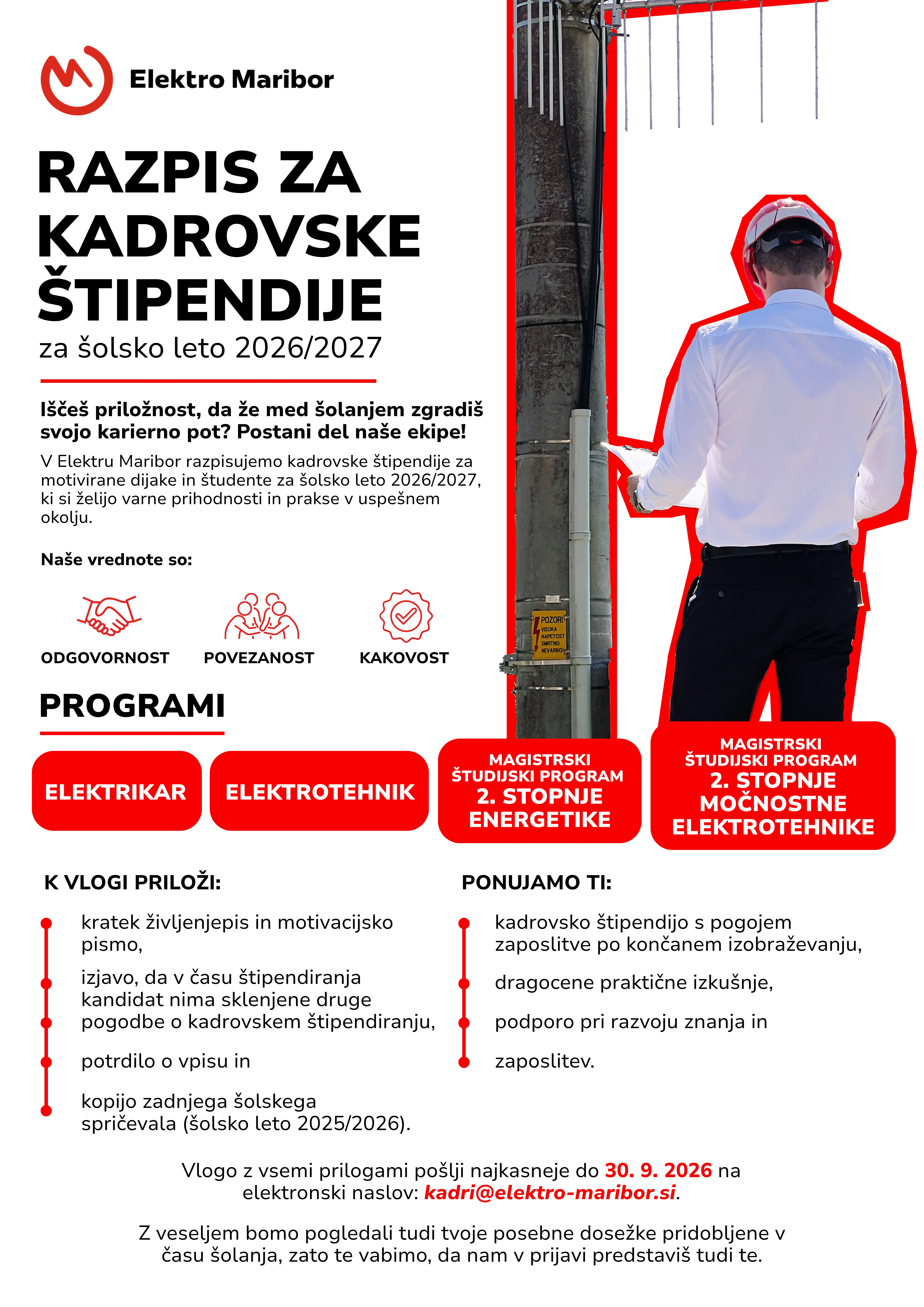 Razpis za kadrovske štipendije za šolsko leto 2026/2027